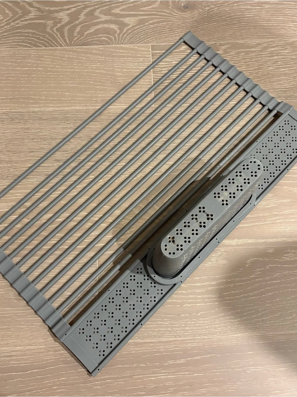 Gray Over-Sink Roll-Up Dish Drying Rack with Utensil Holder